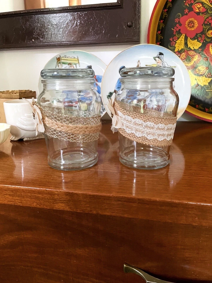 Burlap Lace Floral Lidded Glass Jars Rustic Shabby Chic Home Decor Storage Lot 2 - Image 4 of 4