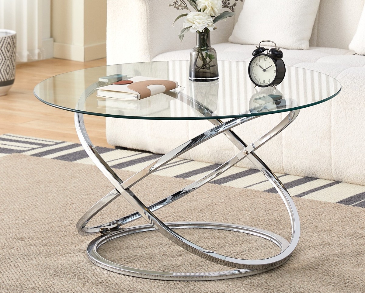 Round Abstract Tempered Glass Coffee Table Chrome Effect
