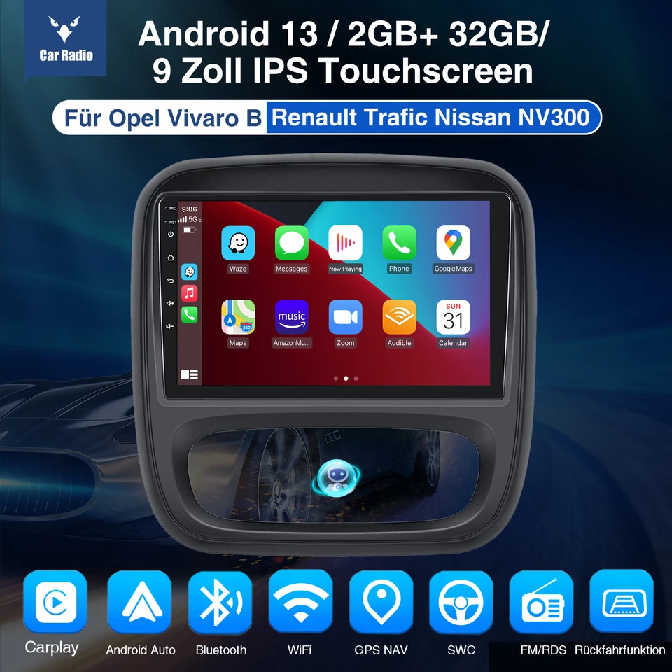 DAB+ CarPlay Autoradio Android 13 Navi +MIK KAM Für Opel Vivaro B Renault Trafic - Bild 2 von 4