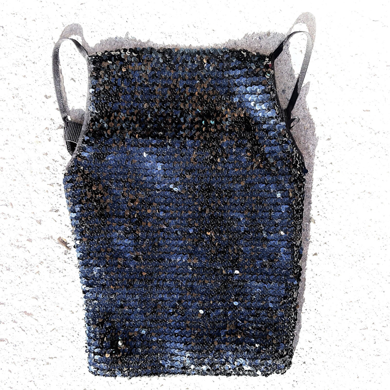 Vintage 90s Y2K USA High Square Black Sequin Boned Corset S Stretch Club Sexy