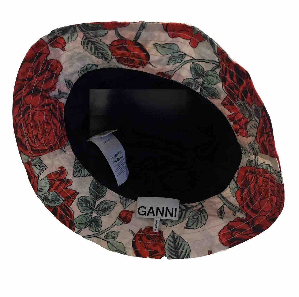 NEW GANNI Designer Bucket Hat Red White Black Roses XS Small  display picture 2