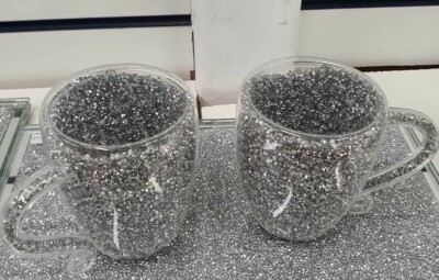 SILBER SPIEGEL CRUSHED CRYSTAL DIAMOND TEE KAFFEE TASSE BECHER GESCHENK 2er Set