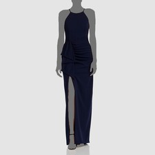  310 Aqua Women's Navy Blue High Neck Cascading Ruffle Slit Gown Dress Size 4