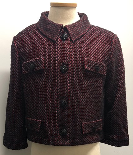 CHAQUETA DE PUNTO ST JOHN ROJA ROSA NEGRA BRILLANTE MANGA 3/4 ALTA ESTRÁS BAJO XL 16+ - Imagen 11 de 12
