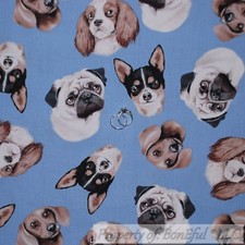 BonEful FABRIC FQ Cotton Quilt Blue B&W Brown Puppy Dog Toy Breed Pug Face Head