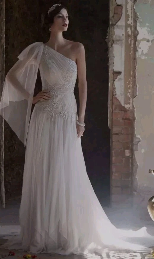 champagne one shoulder wedding dress Tara One-Shoulder Satin Drape Wedding Dress Open Back Thigh Slit | Bone and Grey Bridal