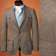 Men's Single Breasted Notch Lapel Suit Herringbone Tweed Jacket Vintage Style