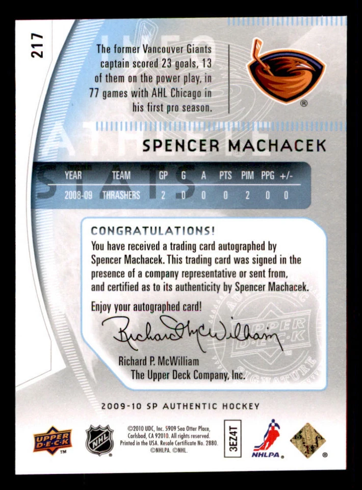 2009-10 SP Authentic #217 Spencer Machacek AU RC /999 (ref 239872) - Image 2 of 2