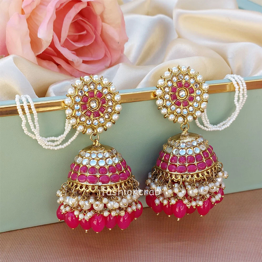 Indian Bollywood Style Hot Pink Enameled Pearl Jhumka Earrings Girls  Jewelry Set