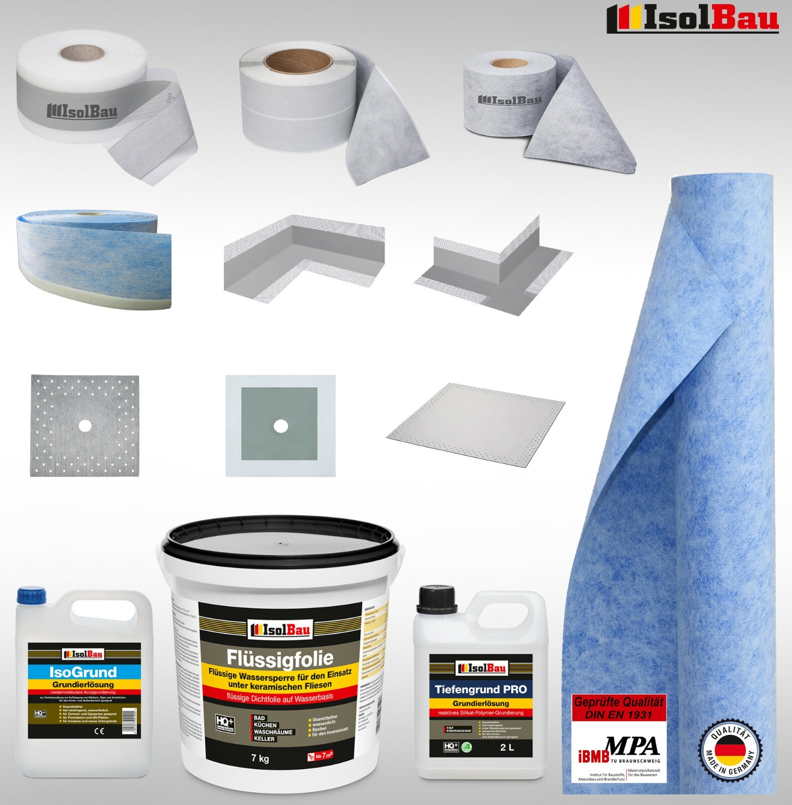 Dichtset Flüssigfolie 7Kg Dichtband 10m Dichtecken Manschetten Dusche Bad H16