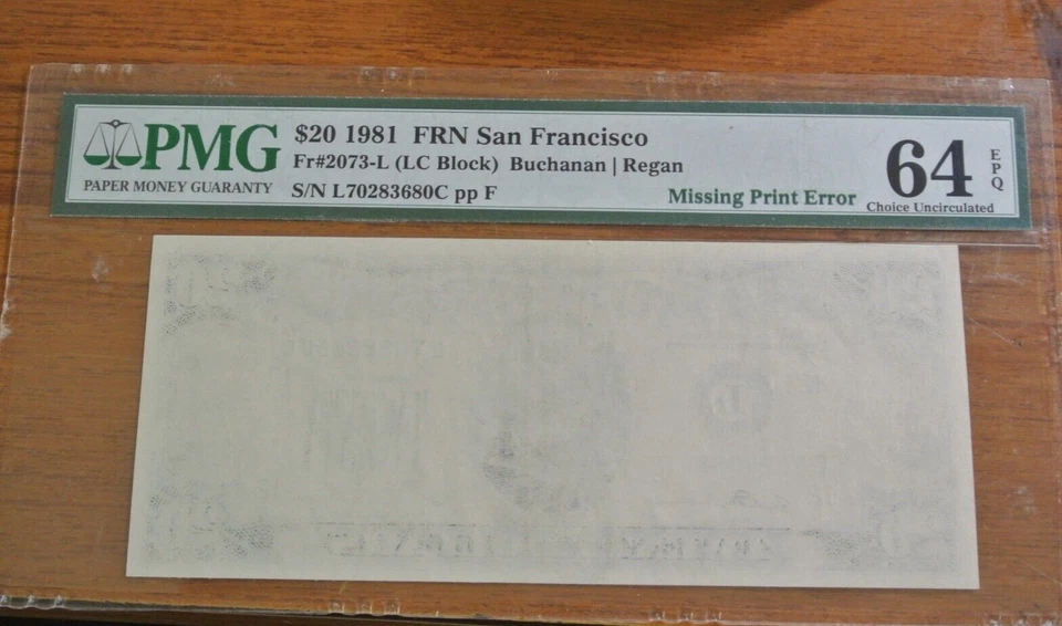 1981 FEDERAL RESERVE NOTE $20 SAN FRANCISCO PMG CU 64 EPQ MISSING PRINT ERROR - Image 3 of 4