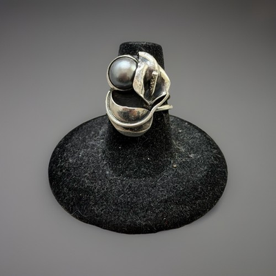 #ad JNS Sterling Silver 925 Black Pearl Ring Retro Sz 6 $65.00