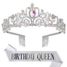 Queen Crowns for Women Birthday Crystal Tiara Sash Set AB Silver