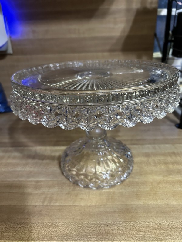 Vintage EAPG Co-Operative Flint Glass Co. Lace Edge Pedestal Cake Stand