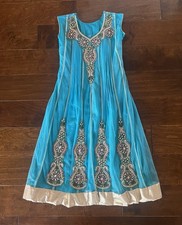 Handmade Custom Anarkali dress/suit Teal/Gold Embellished Size 11/12 India