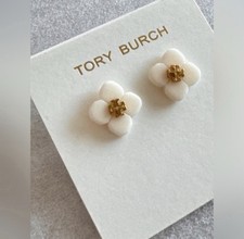 Tory Burch Babylon Logo Stud Earrings White And Yellow Gold Colors. New   