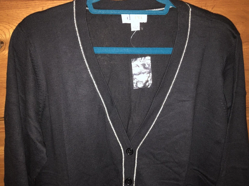 Cárdigan grande de manga larga Denim & Co. para mujer con ribete de lúrex negro talla L Foto 2 de 4