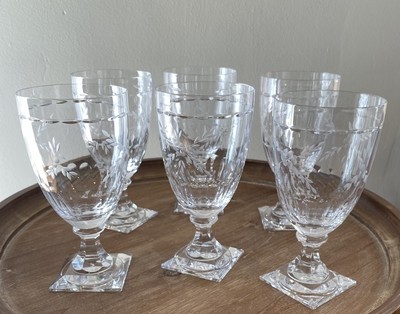 Gorham Crystal ''CHANTILLY'' Wine Glasses 7.25  Set of 6 Cut Floral Design Square