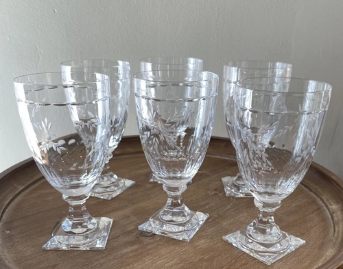 Gorham Crystal "CHANTILLY" Wine Glasses 7.25” Set of 6 Cut Floral Design Square