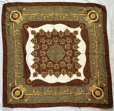 100% Silk Scarf Made in Italy 33.5'' X 34'' Green, Brown, Cream, Gold