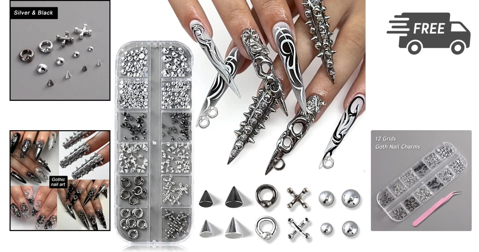 Dijes de uñas góticos 3D triángulo espiga remache cuentas piercings de metal para arte en uñas Foto 2 de 4