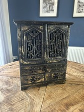 Vintage Indian Distressed Black Wooden Storage Box Carved Doors & Drawers