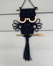 Handmade Macrame Owl Wall Hanging, Navy blue Cotton Cords,Wooden Rings And Beads