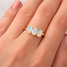 Fire Opal Ring 925 Sterling Silver 3 Stone Engagement Ring for Her