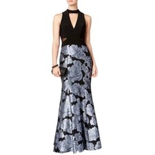 XSCAPE Black Evening Gown Floral Jacquard Cut Out Formal Mermaid Dress Size 6