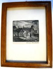 Orig Old Art Nouveau Picture Town House Church Circa 1900 Signed Etching No 3