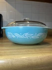 Rare Pyrex Blowing Leaves Bowl Turquoise 2-Qt 024 Round Casserole 624C D-30 Lid