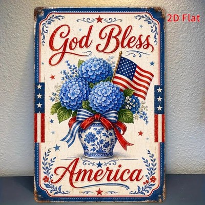 2D God Bless America Hydrangea Sign 4th of July Patriotic Metal Home Wall Decor