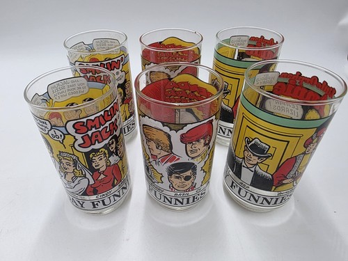 6 vtg SUNDAY FUNNIES glasses COLLECTOR'S GLASS comics BRENDA STARR annie JACK