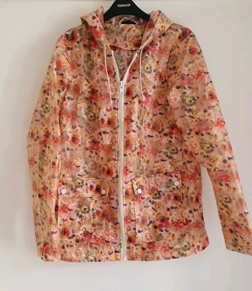 Topshop Pink Floral Lace Raincoat, UK Size 10 VGC Pockets Hood