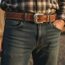 Western Cowboy Ranger Tooled Saddle Tan Leather Belt Size 42 Heavy Duty