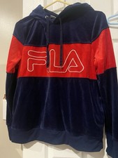 FILA Women  s M Navy Blue Red Velour Colorblock Logo Pullover Hoodie Pockets