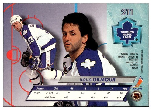 1992 Ultra #211 Doug Gilmour Toronto Maple Leafs - Picture 2 of 2