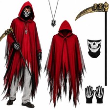HTPARY Adult Grim Reaper Costume Hooded Cloak Scythe Skull Mask Gloves Red