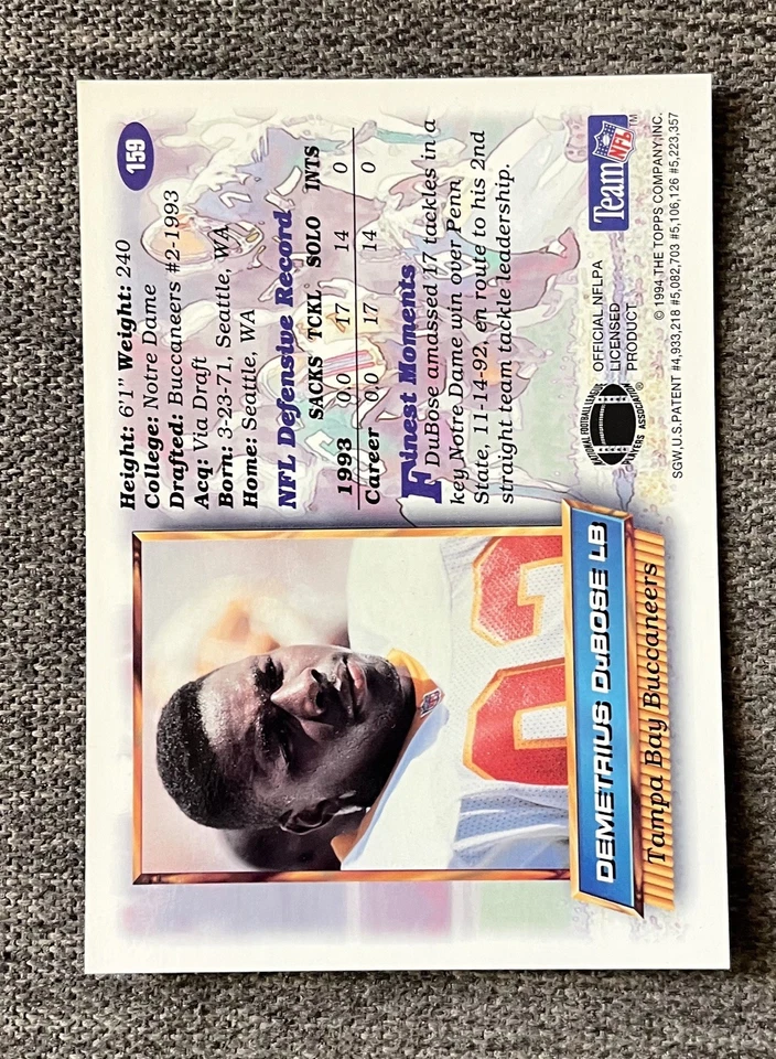 1994 Topps Finest Football Jumbo #159 Demetrius DuBose Rookie Star - Buccaneers - Image 2 of 2