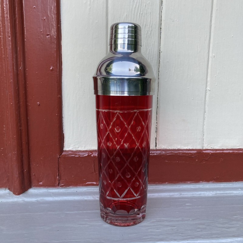 Vintage. Red Bohemian Crystal  Art Deco glass Cocktail Shaker Set Strainer 10.5”