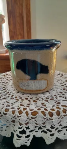 Monroe Salt Works Pottery Tiny Crock or Flowerpot Crow on Corn Ear 3.5"