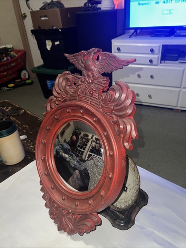 VINTAGE FEDERAL GOLD GILT METAL CONVEX BULL-EYE EAGLE MIRROR Painted Red - Picture 8 of 21