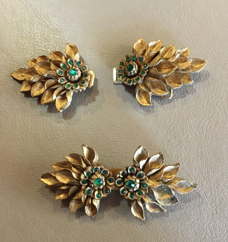 MCM Greenbaum Gold Composite Petal Brooch + Belt Buckle; emerald Rhinestones