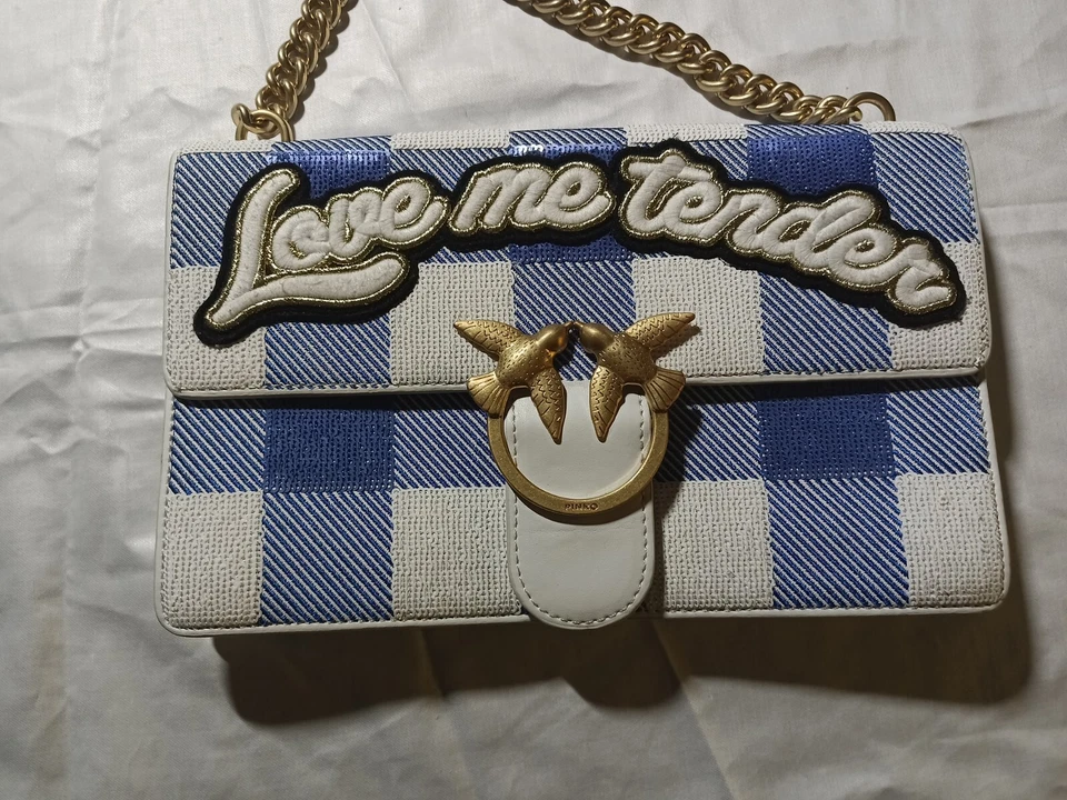 Bolso PINKO Azul Blanco Cuero a Cuadros Lentejuelas Love Me Tender Damier Cadena Solapa Foto 2 de 4