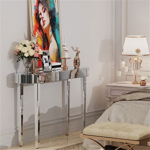 Silver Mirrored Hall Entry Console Table Elegant Oval Table Aesthetic Furniture - Picture 8 of 12