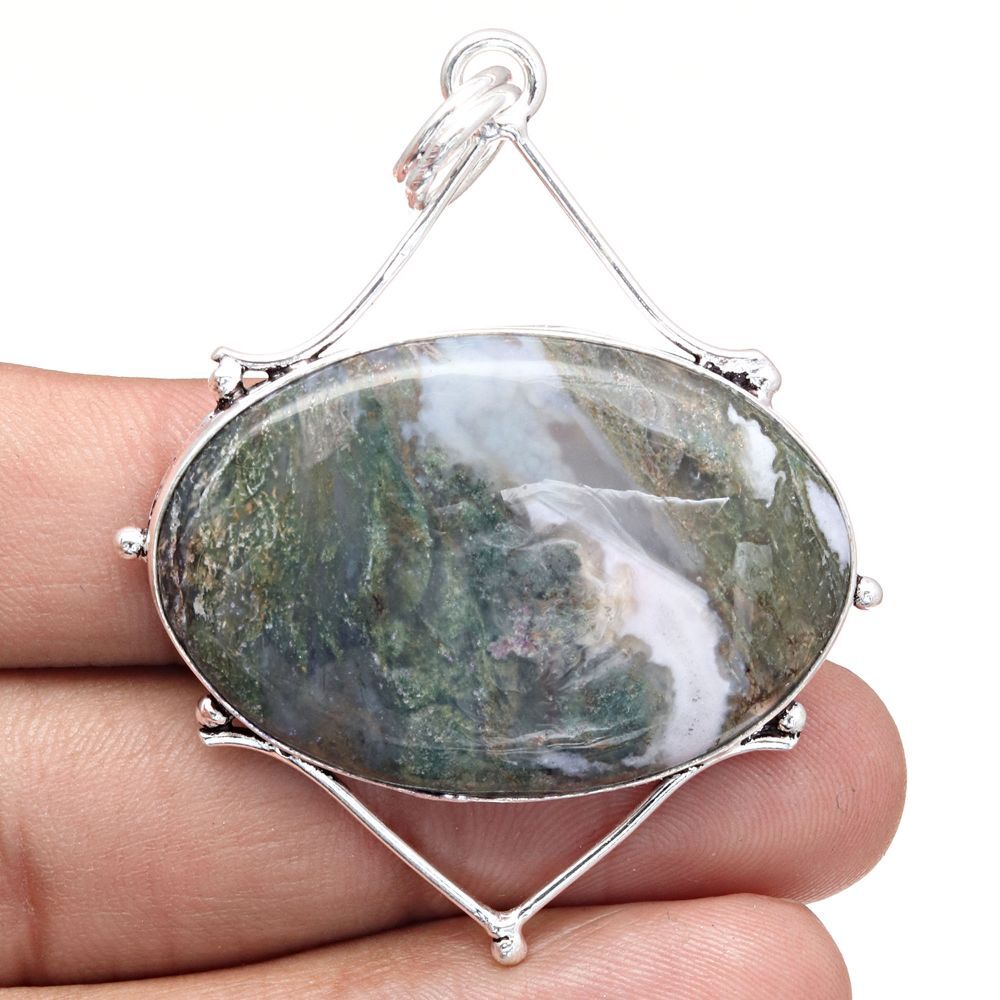 Moss Agate Gemstone Silver Pendant Handmade Mothers Day Gift 2.25 Inch