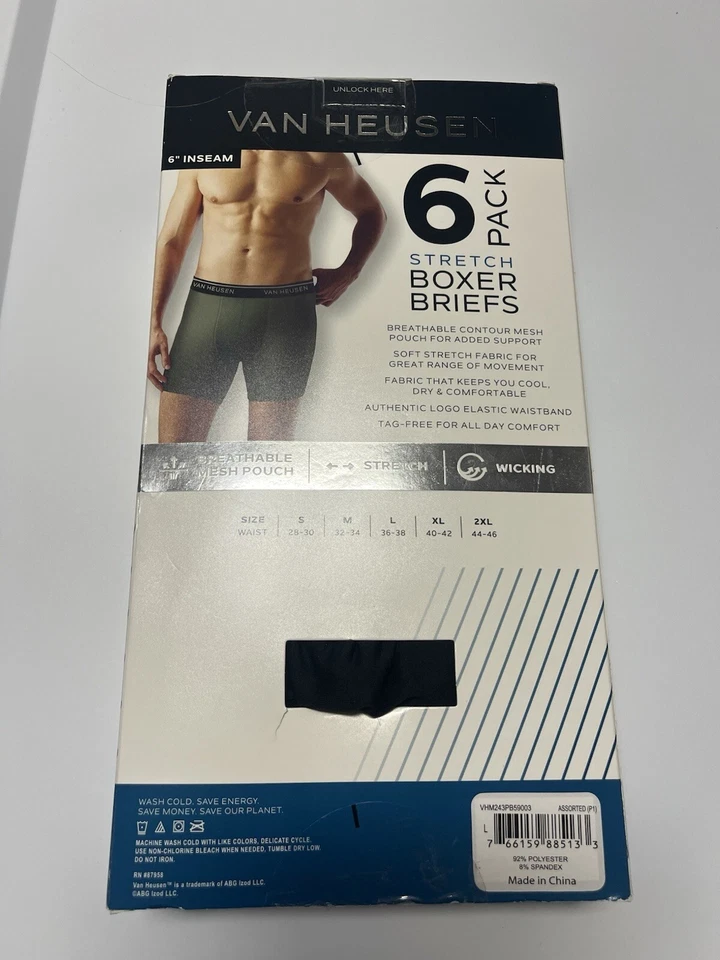 NEW 6 PACK VAN UEUSEN MENS 6" INSEAM STRETCH BOXER BRIEFS SIZE LARGE MULTICOLOR - Image 2 of 2
