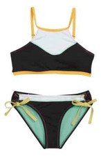 125 Hobie Girls Black Green Color-Block Stitched Halter Bikini Swimwear Size 12