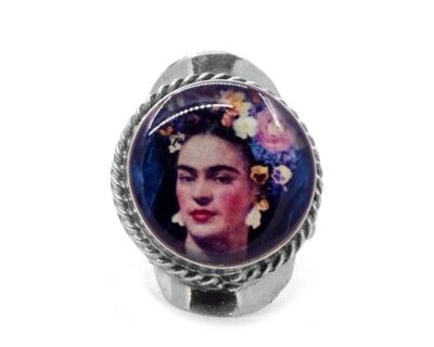 Frida Kahlo Graphic Round Metal Adjustable Ring Boho Art Jewelry Blue Floral