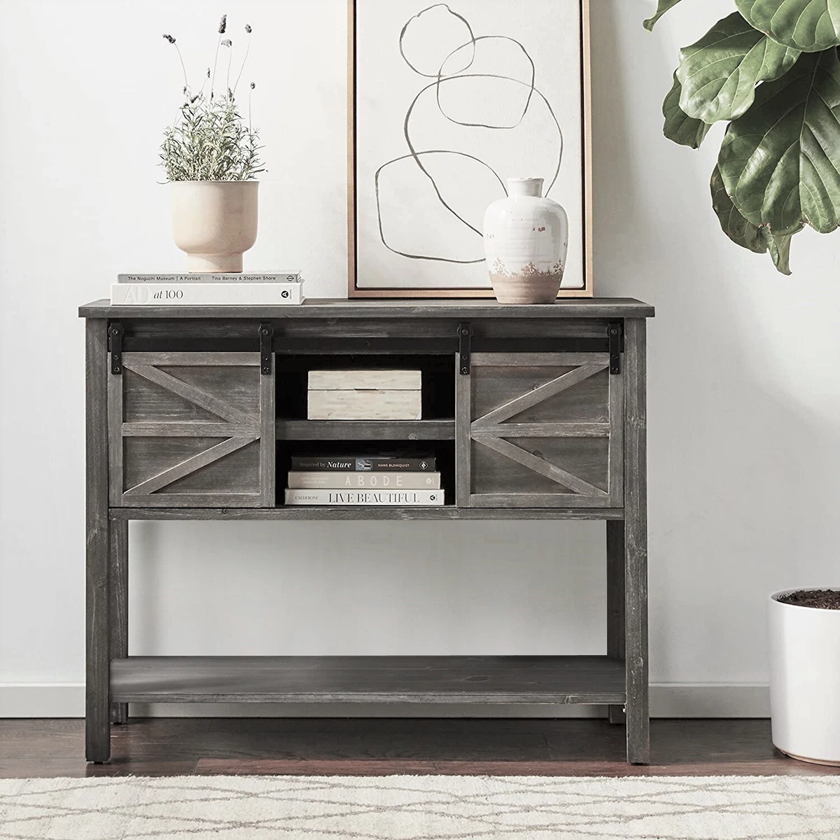 eHemco Antique Farmhouse Console Table 2 Sliding Barn Doors and Storage Shelf